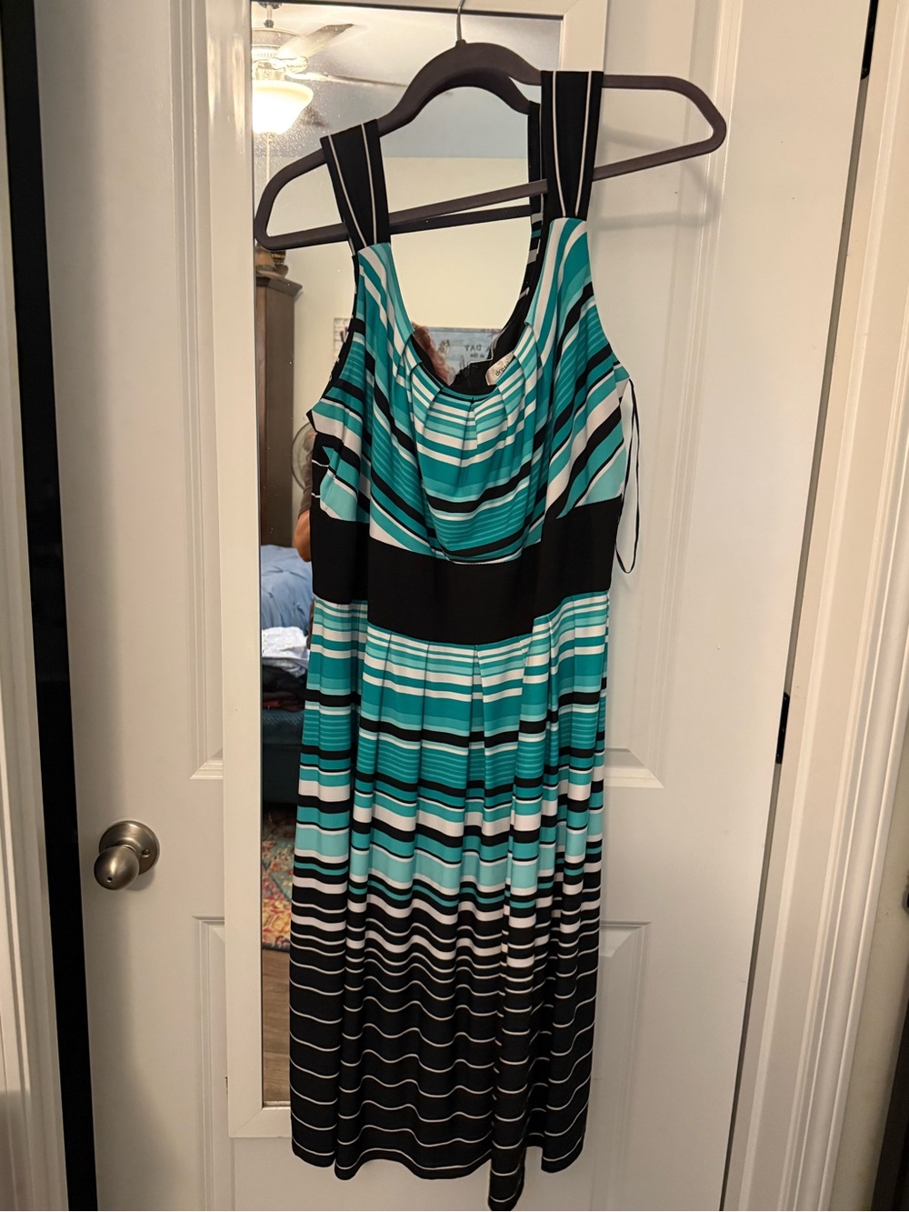 dressbarn Teal, Black and White Striped Sleeveless Midi Dress